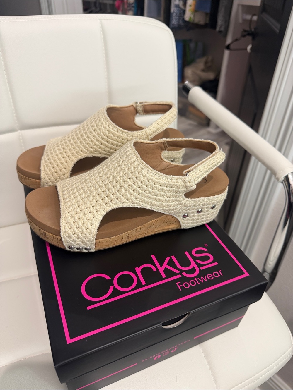 Corkys Cream Woven Wedge Slingback Sandals